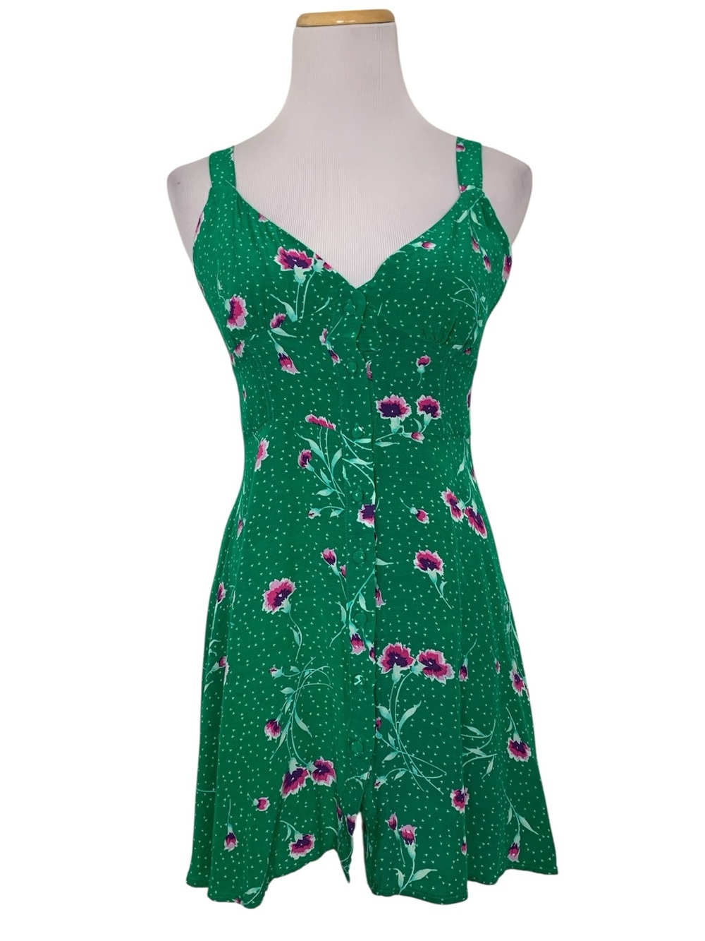 Free People Green Floral On My Mind Mini Dress Womens XS Boho Button Front